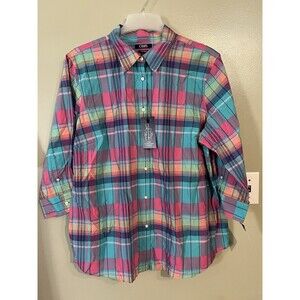 Womens Plus Plaid 100% Cotton No Iron Shirt By Chaps 2X NWT